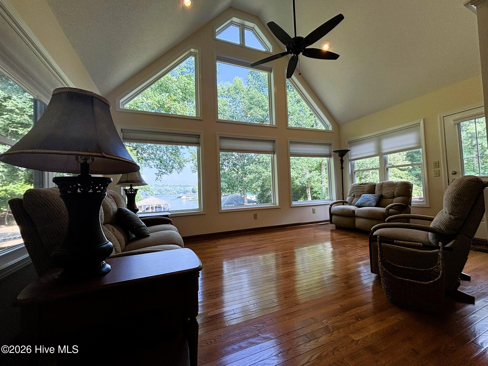 Floor to Ceiling windows facing Lake Tillery, Living Room,