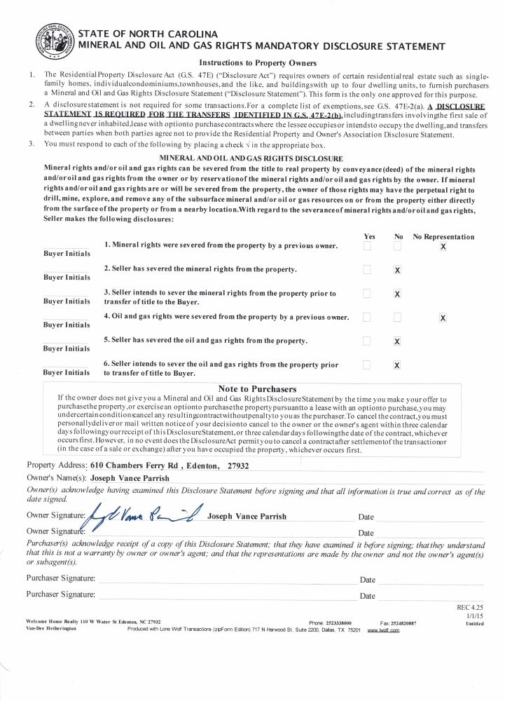 Mineral, Oil & Gas Rights Disclosure