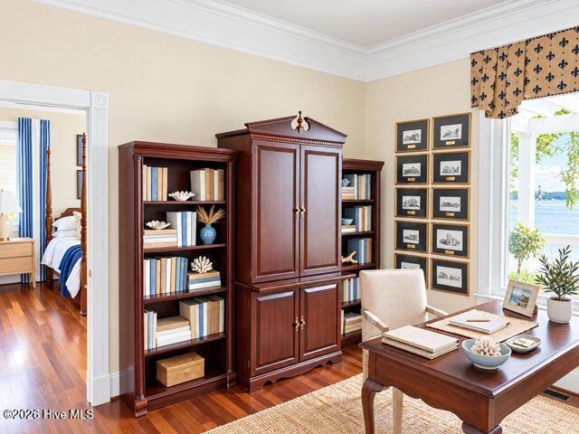 Office connects to the library.