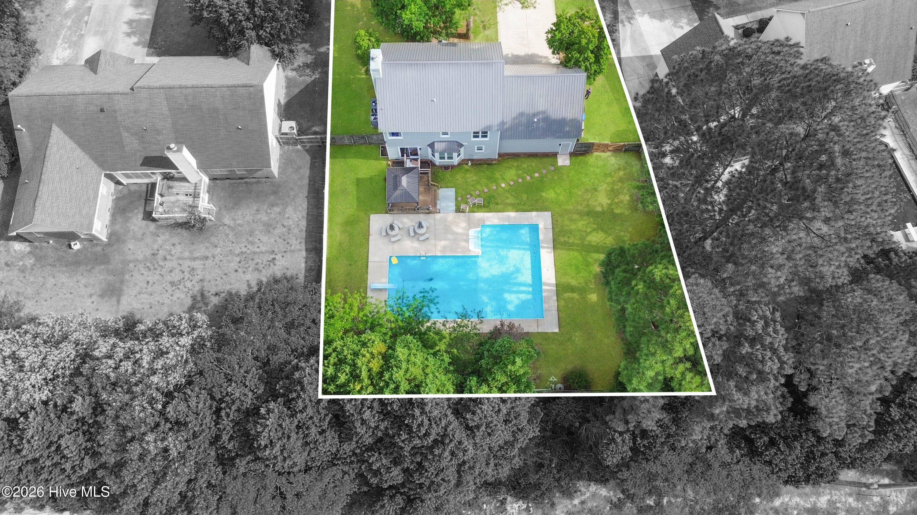 Top-down aerial drone view showcasing the property layout, private fenced backyard, large in-ground pool, gazebo, patio areas, and surrounding mature trees within the established Wells Place community of Fayetteville, NC. This perspective helps illustrate the overall outdoor living setup and lot configuration. Certain aerial images may include virtual enhancements and approximate property boundary illustrations which are not intended to represent exact survey lines.