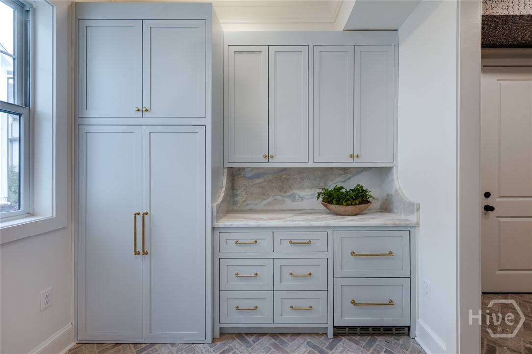 Desk (in cabinets) and snack station