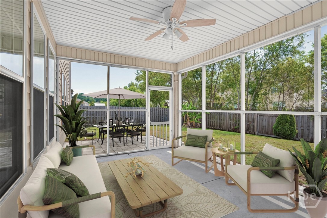 Virtually staged screened porch and patio.