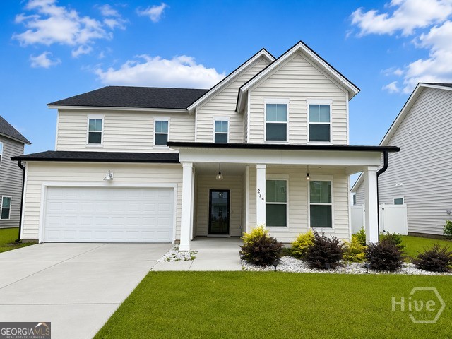 Welcome home to refined Southern charm in this masterfully crafted 2022-built residence, offering 3,942 square feet of elevated living across two stories. With 4 bedrooms and 3 full baths, this home is a rare blend of timeless design and modern sophistication. A graceful facade cream siding, dual gables, and a welcoming covered porch framed by white columns sets the tone before you even step inside. Beyond the front door, custom shiplap detailing in the entry and mud room speaks to the home's curated character, while the formal dining room offers a refined space for entertaining. Upstairs, designer barn doors lead into a private family retreat. Every inch of this home has been thoughtfully enhanced, from fresh designer paint throughout to custom window treatments and an upgraded lighting package. A whole-home water purification system delivers everyday luxury, while the meticulously finished garage painted walls and floor reflects an unwavering attention to detail. Step outside to enjoy the screened porch, additional open patio space, a fully fenced rear and side yard create a private oasis, complemented by a storage shed for effortless organization. Built with quality craftsmanship central HVAC and premium carpet, wood, and tile flooring throughout this is a home where every detail has been considered. The 2-car garage, attractive landscaping, school, and convenient location near shopping, restaurants, and easy access to Savannah.