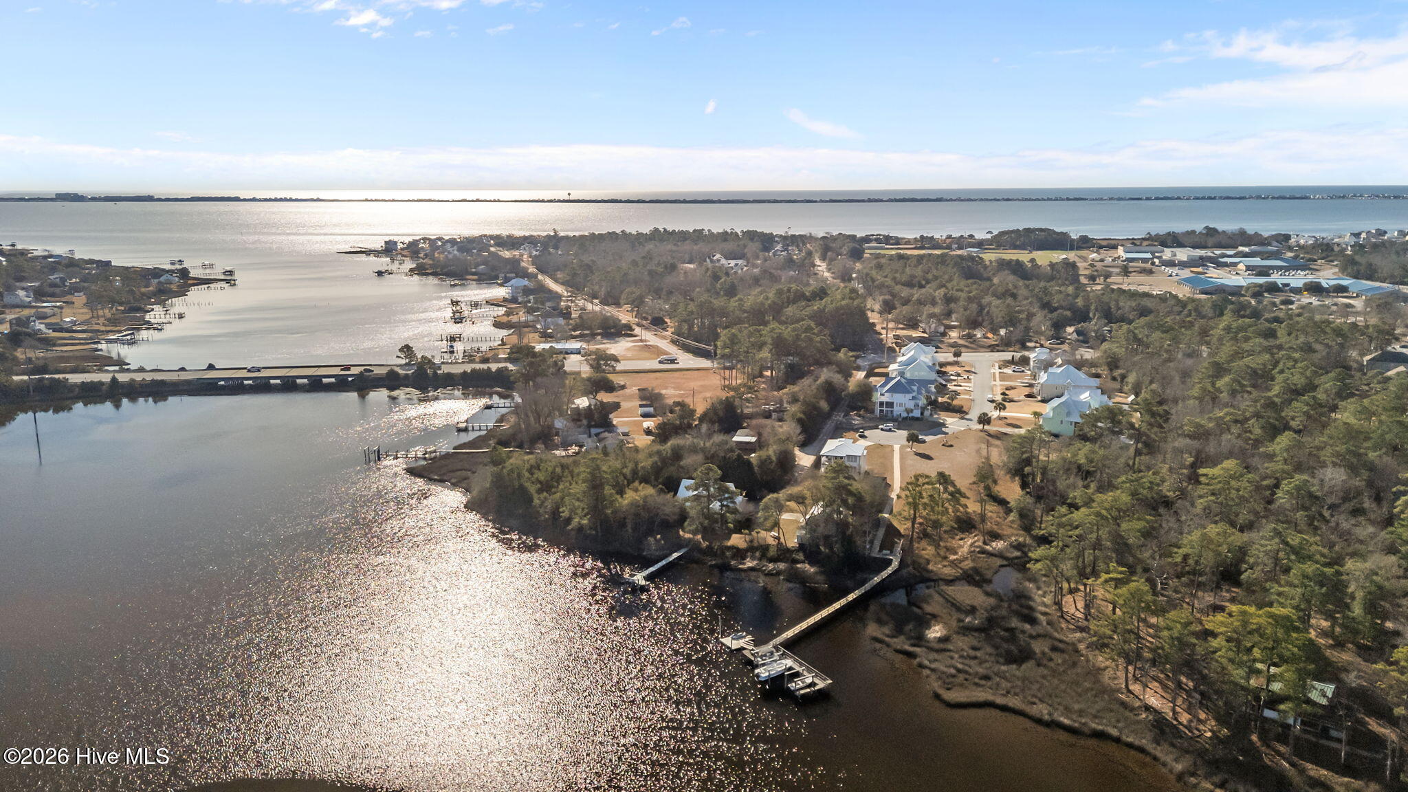 Aerial of community dock on Broad Creek, looking South
