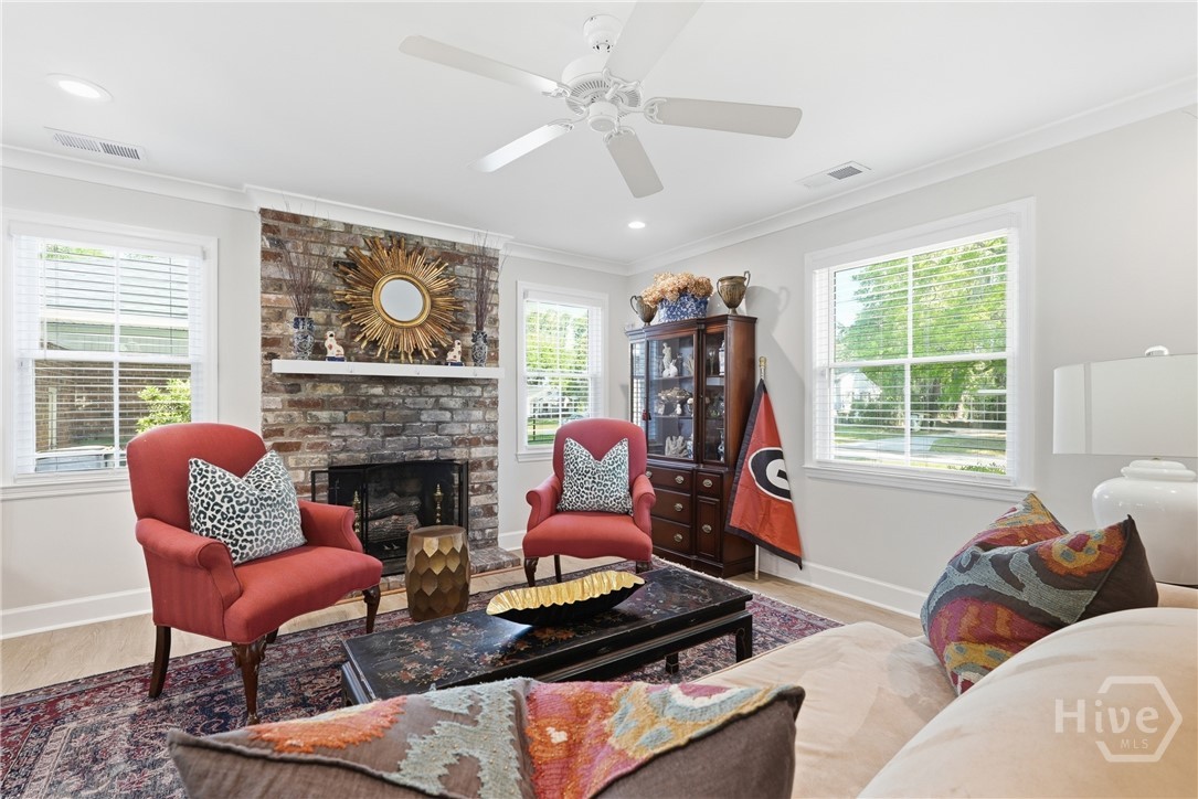 Cozy brick fireplace with gas logs
