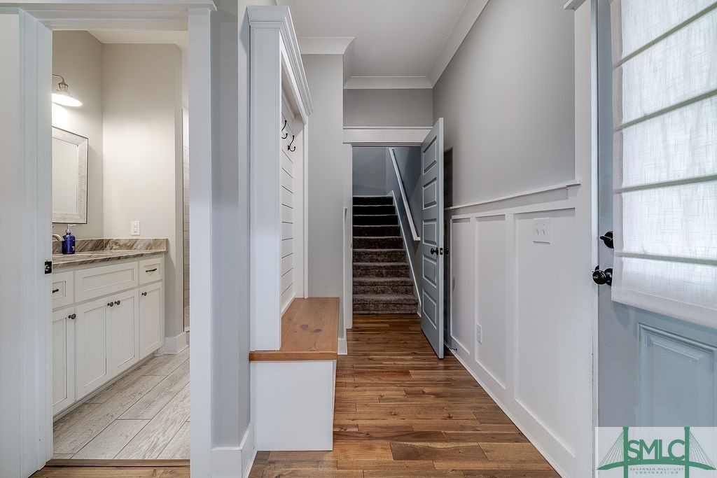 Guest Bath, Mud space, stairs to bonus room