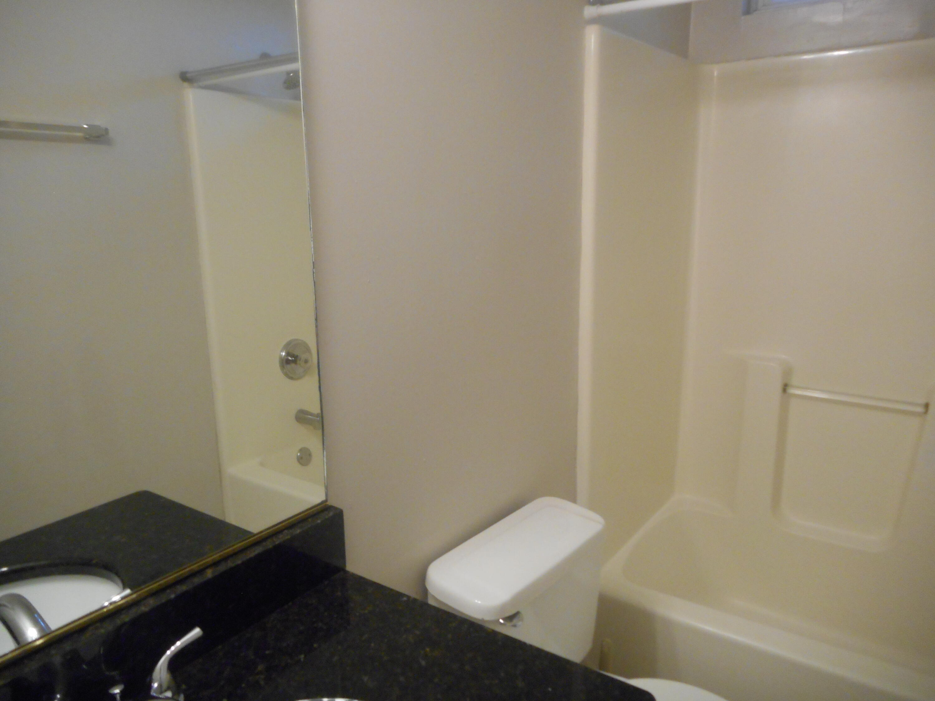 Hall bath with shower/tub combo, ceramic tile floors and granite countertops.
