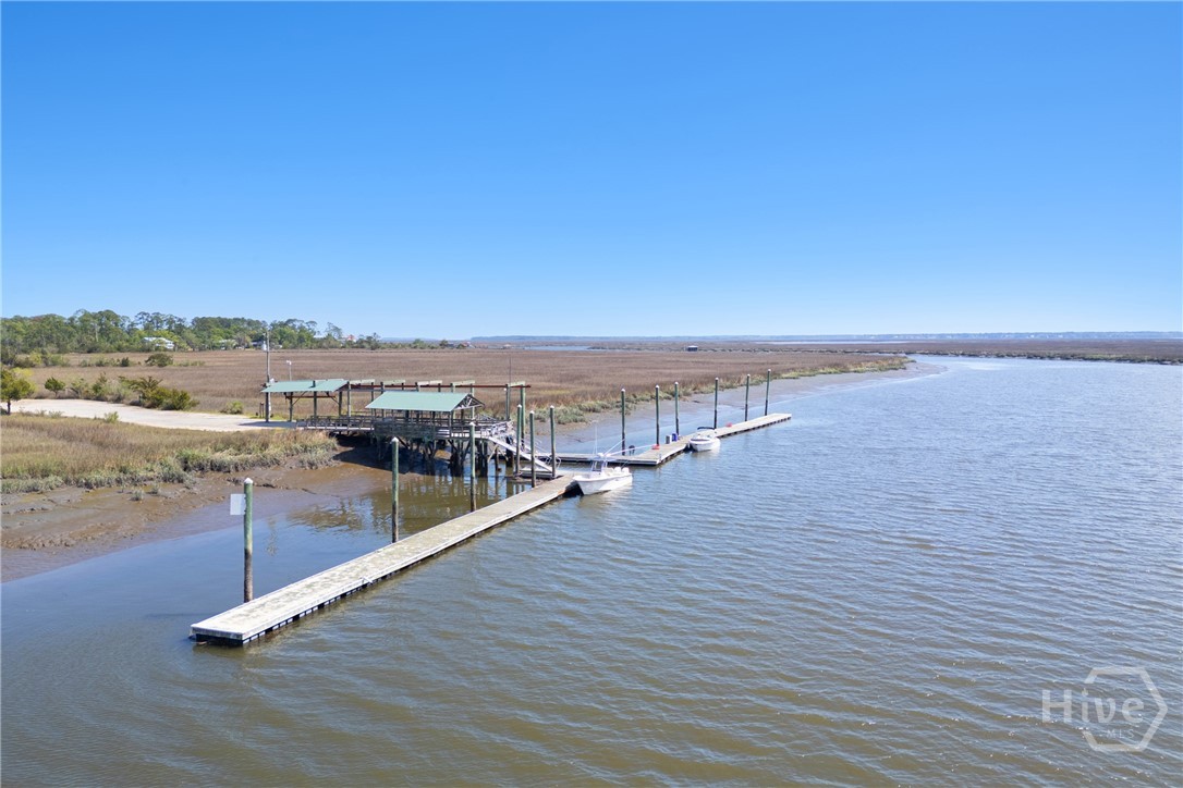 Elevated aerial perspective of the dock and marsh,