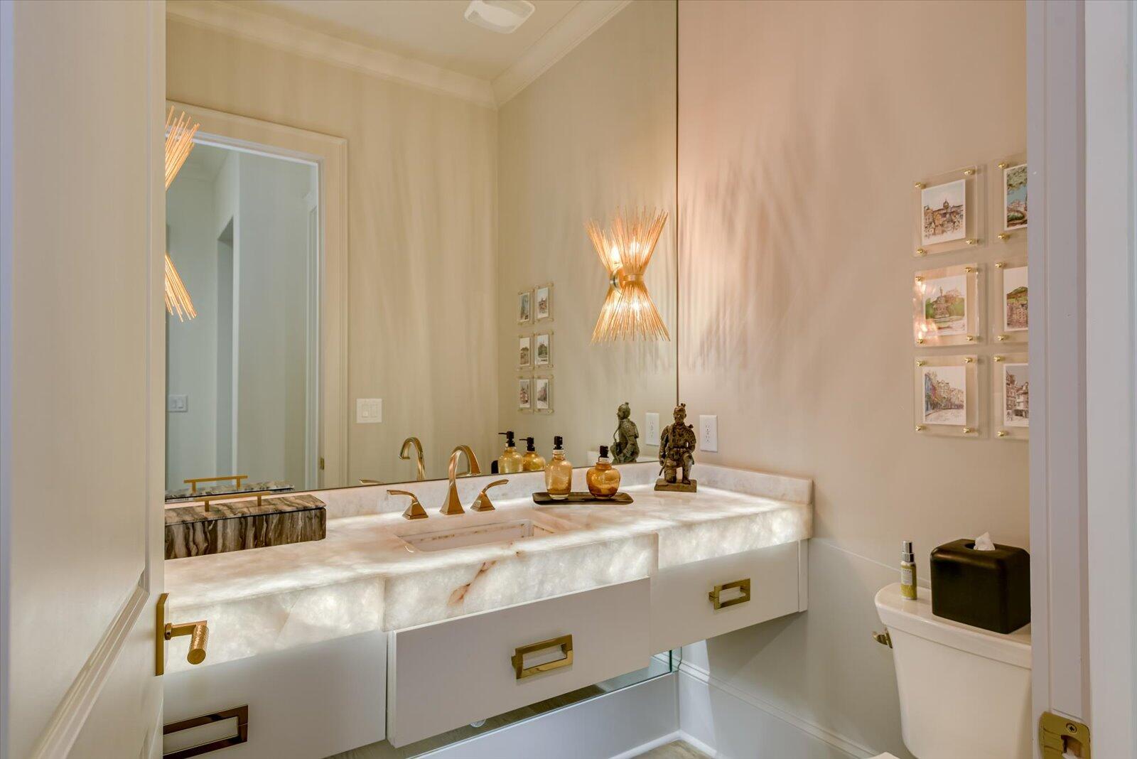 Powder Room- Backlit Quartzite countertop. Oyster shell sink. Brizo faucet.