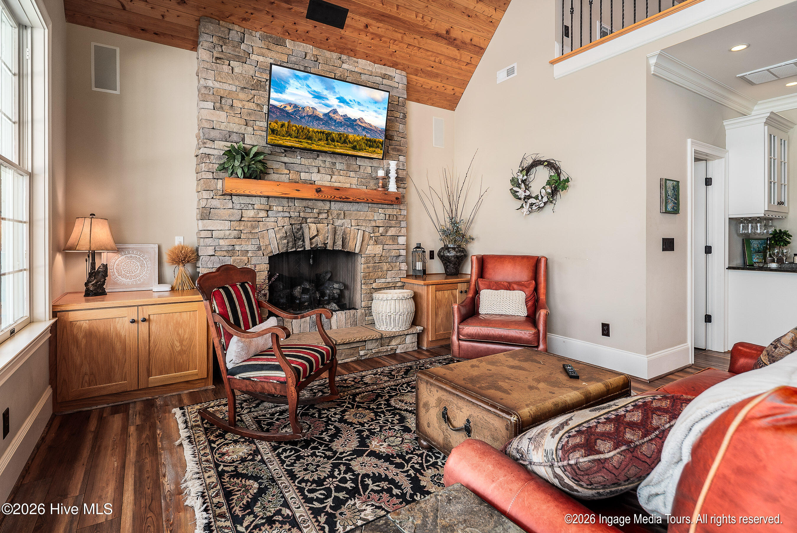 Guest house fireplace and den.
