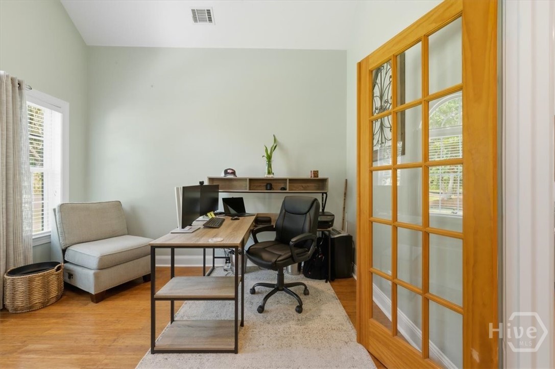 French doors and tall ceilings.