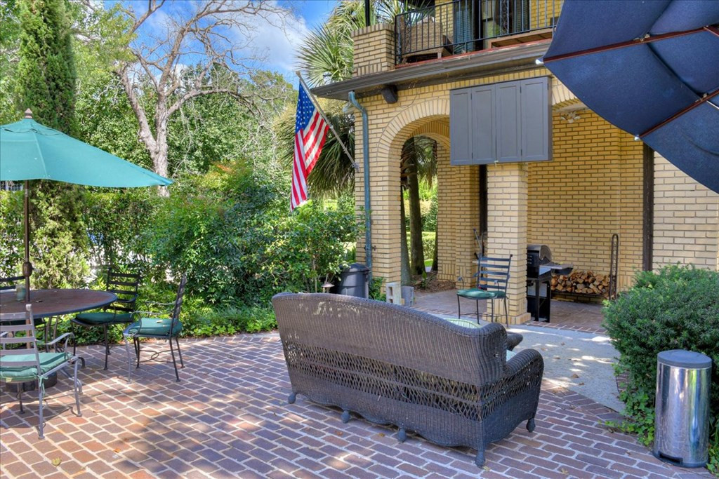 Brick patio and covered portico