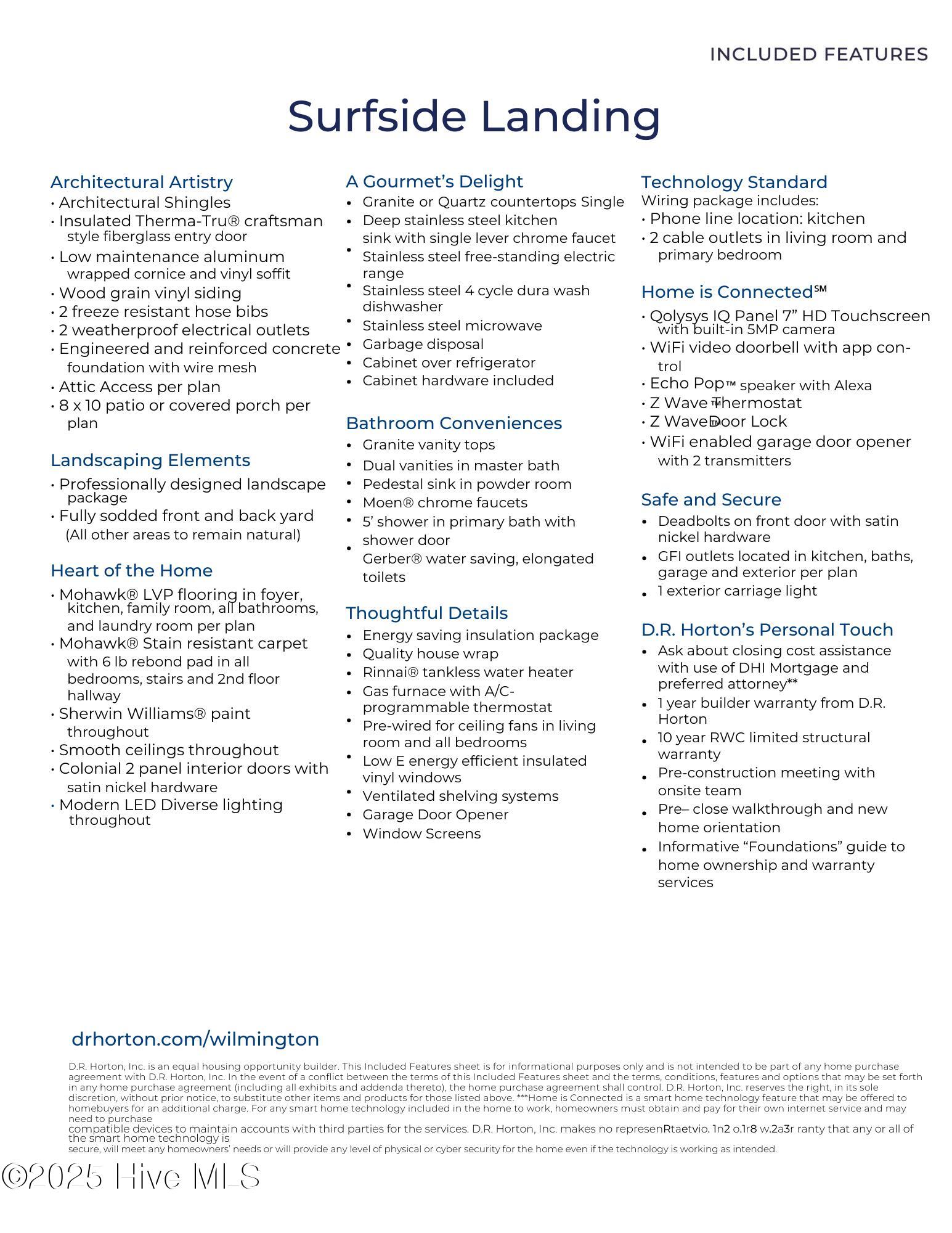 Included Features and Color Selections (