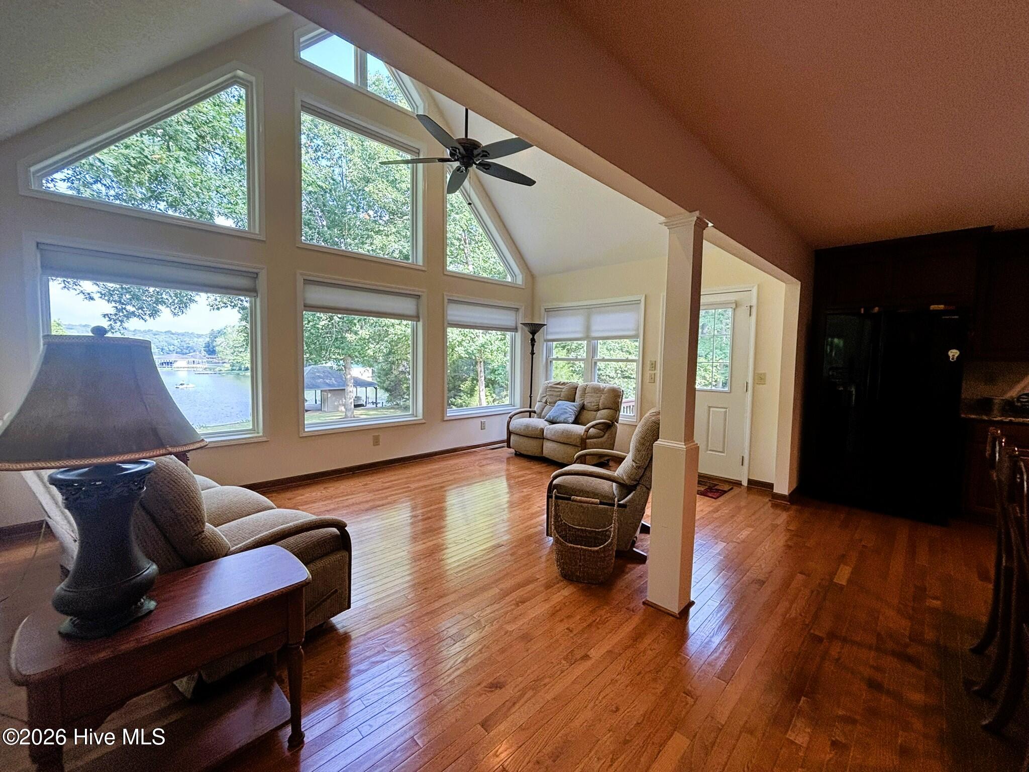 Floor to Ceiling windows facing Lake Tillery, Living Room, Open Concept