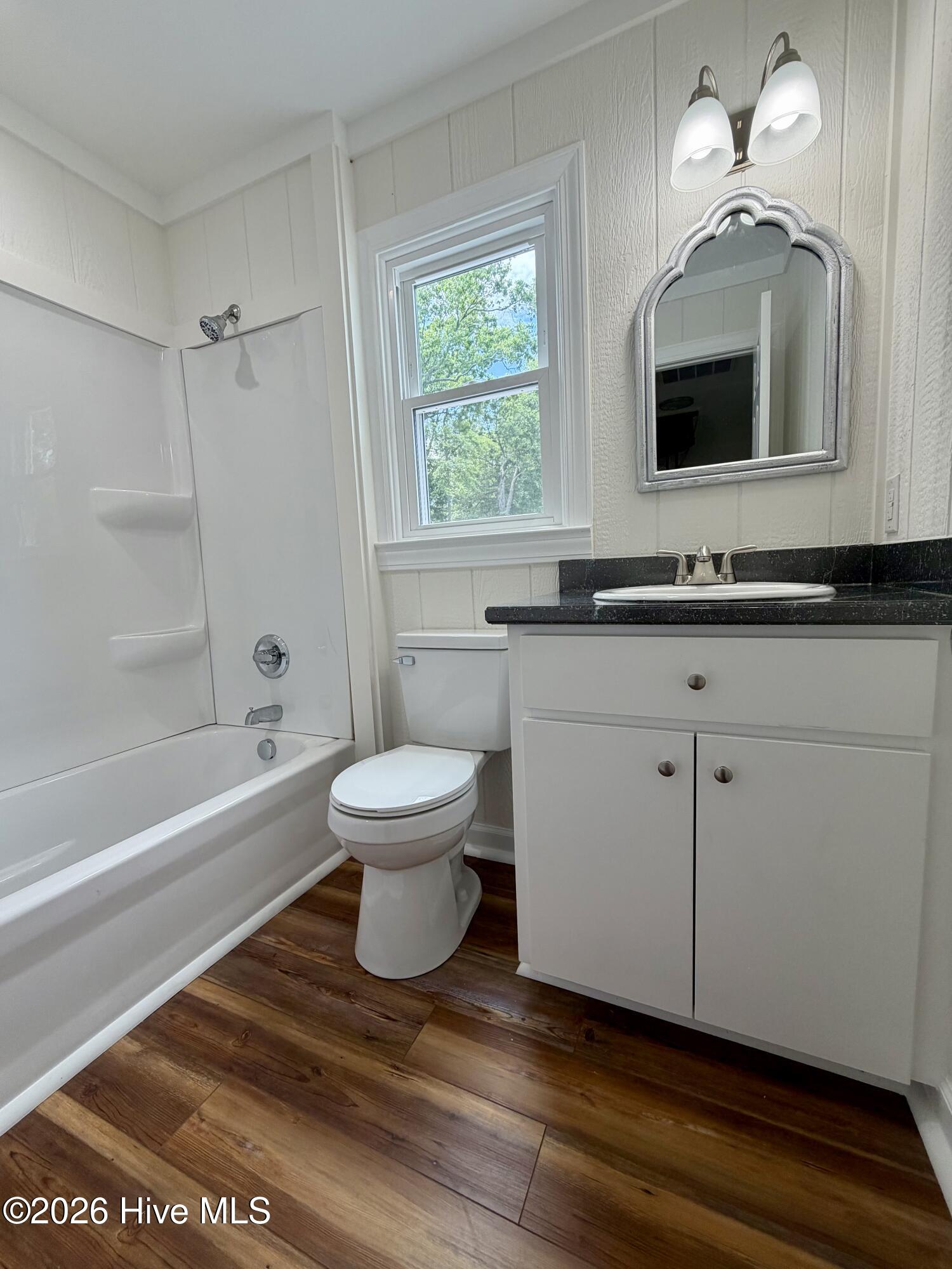 Enjoy a new shower, toilet, vanity, and lighting.