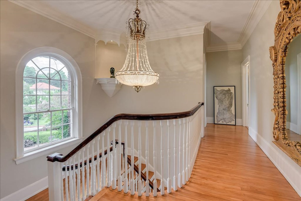 Upstairs landing with gorgeous chandelier