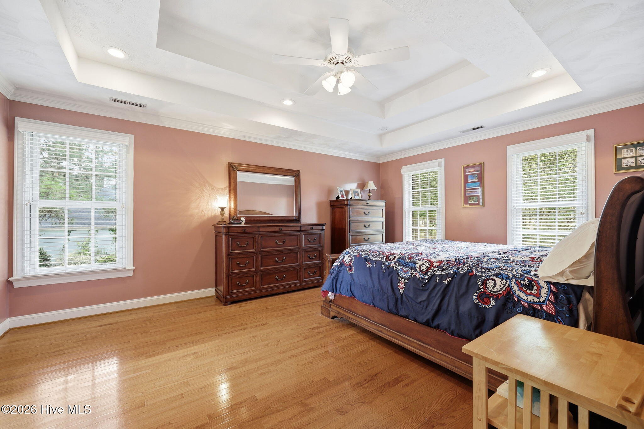 owber bedroom with trey ceiling details and generous space
