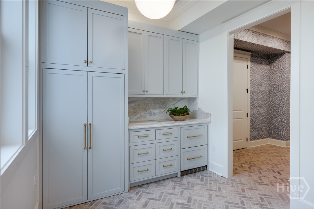 Desk (in cabinets) and snack station