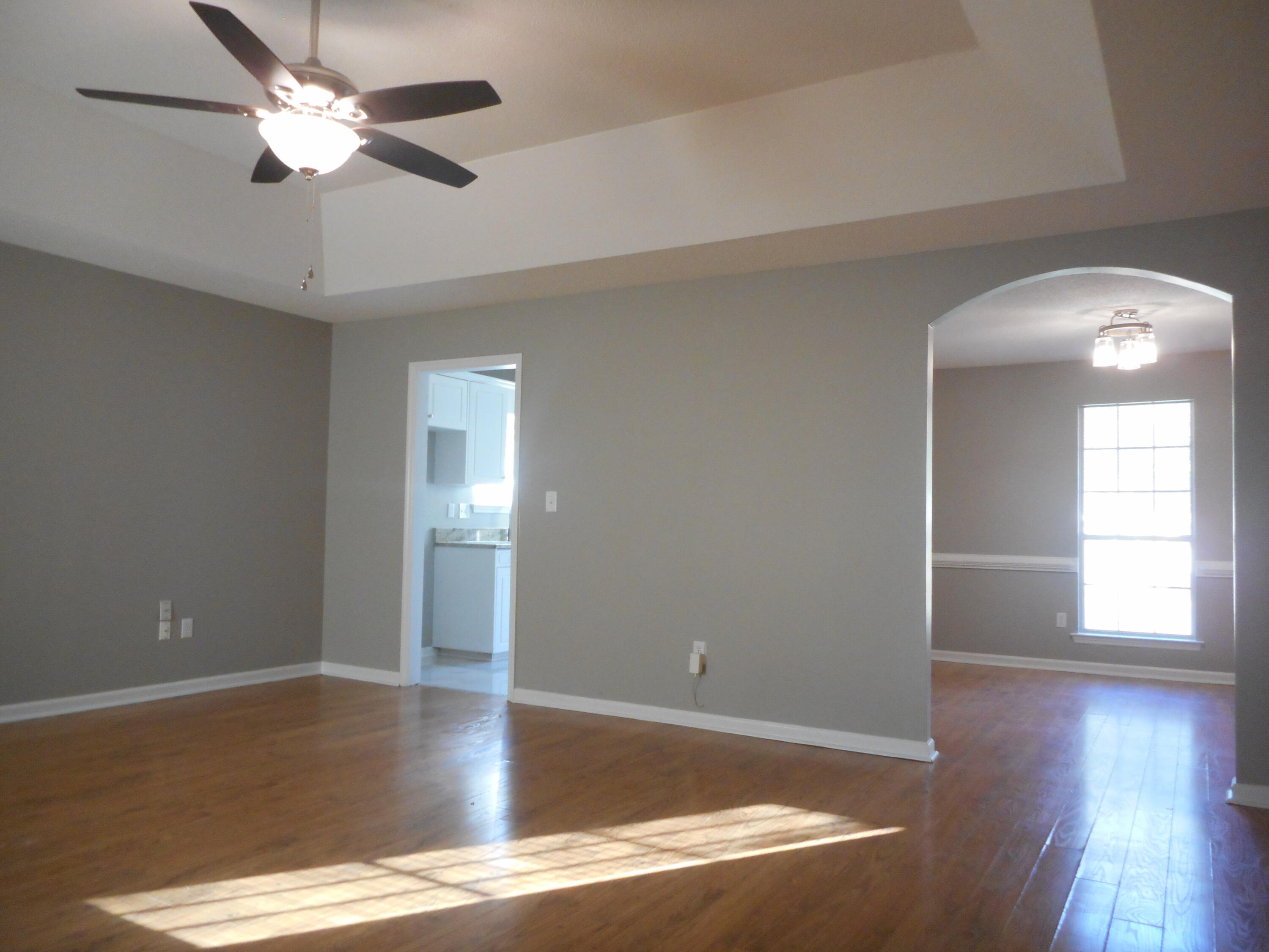Tray ceilings, ceiling fan and arch entry way.