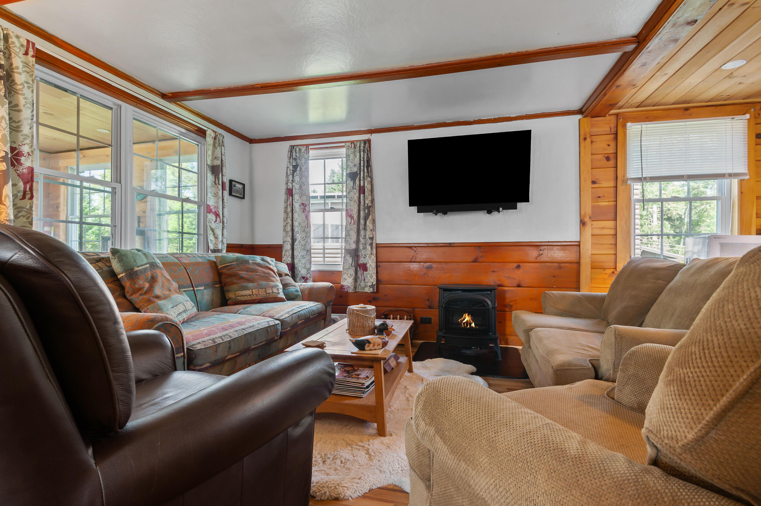 living area, gas viewing stove