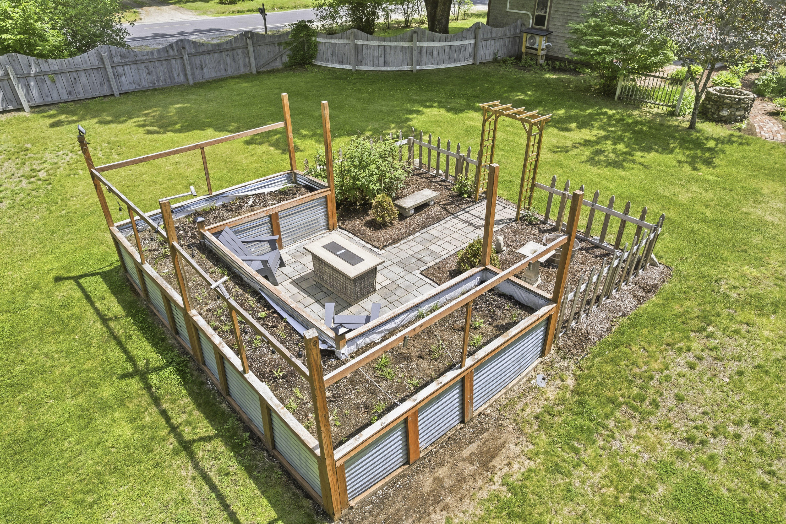 Fenced in garden with raised beds