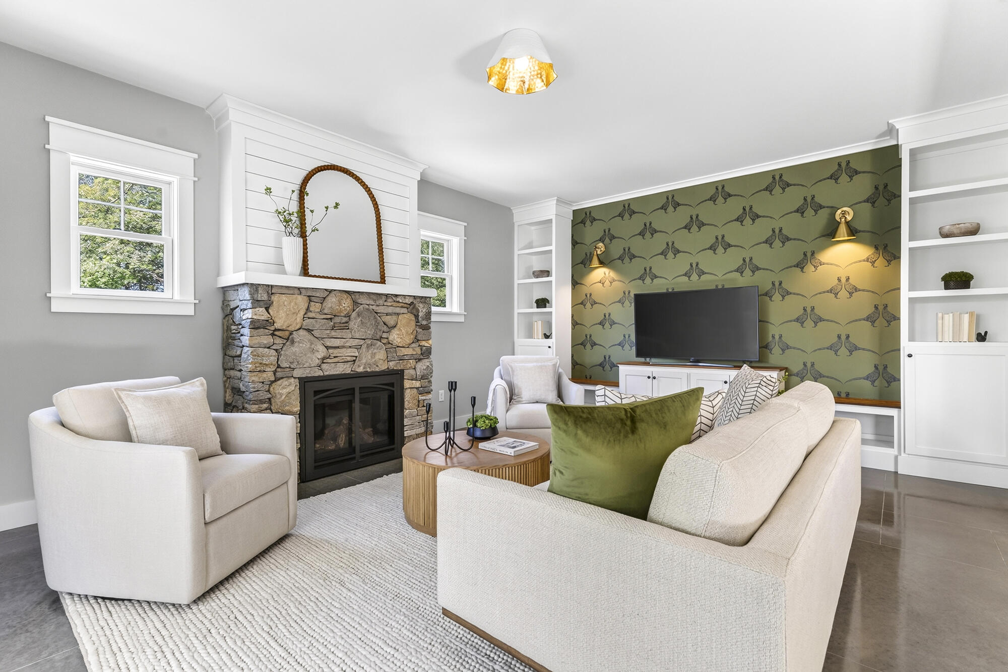 Living room with built-in bookcases