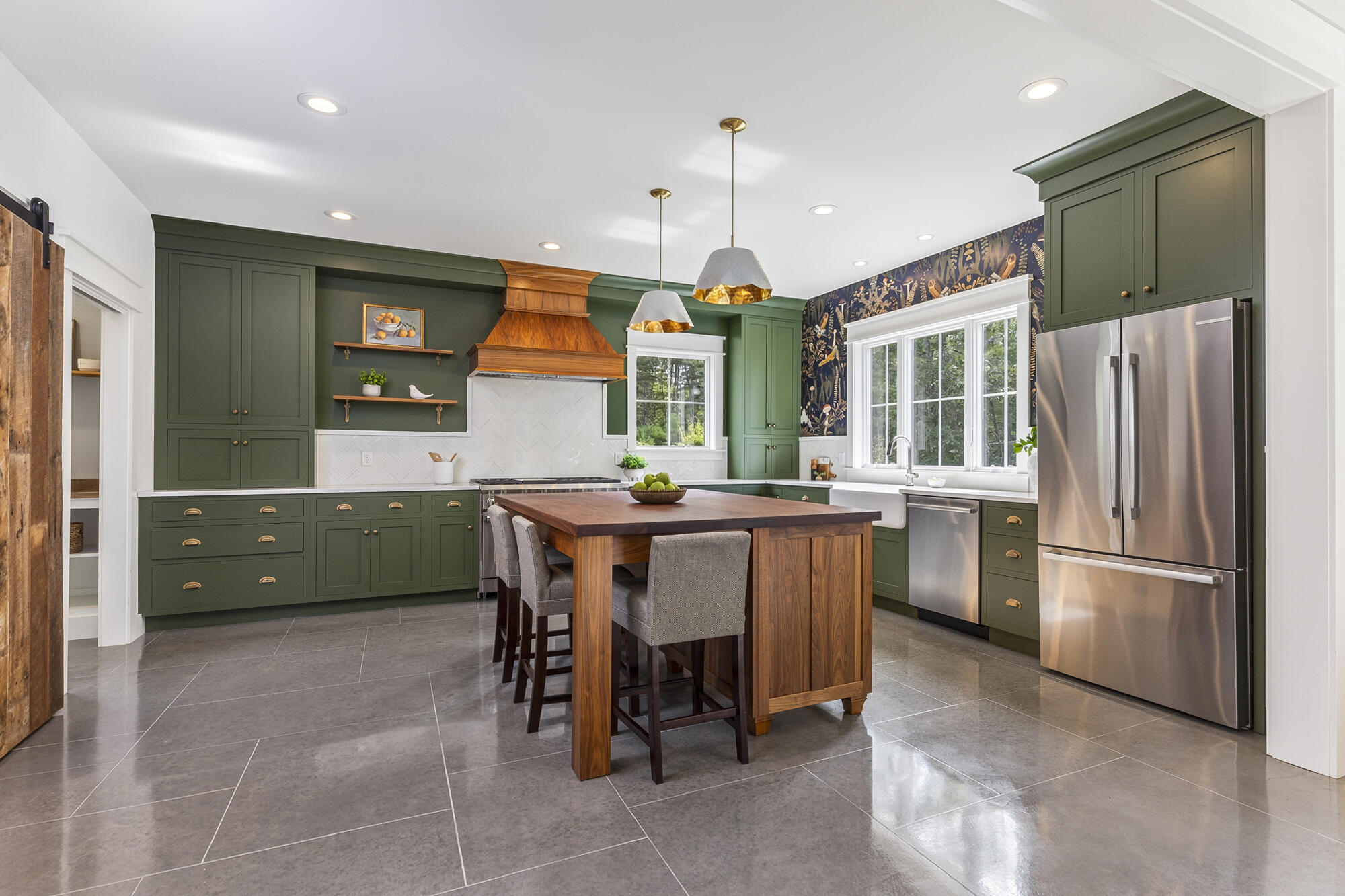 Gourmet kitchen- custom painted maple cabinets with hand-forged brass pulls