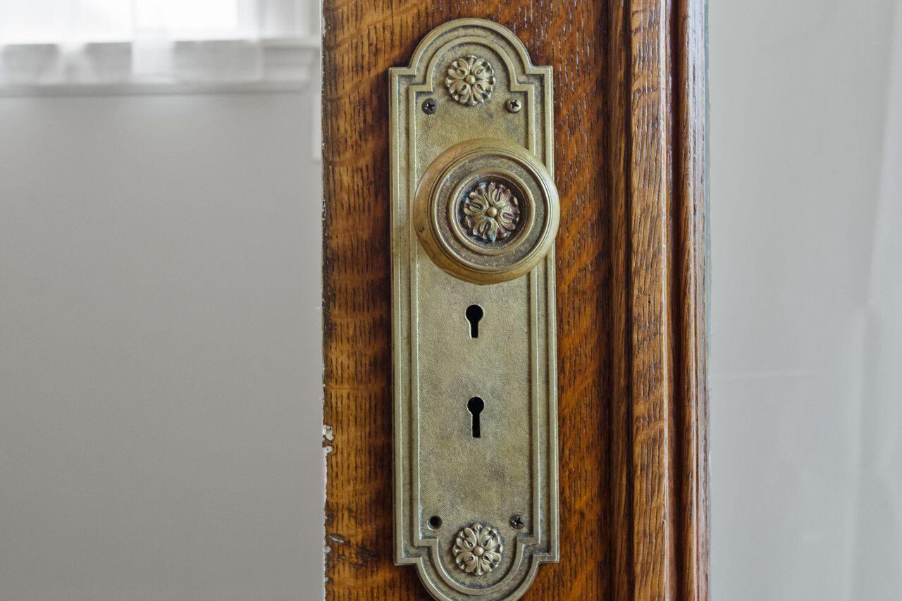 14 Holly Street, Portland, ME 04103 Solid wood door, full glass and period brass plate and door knob